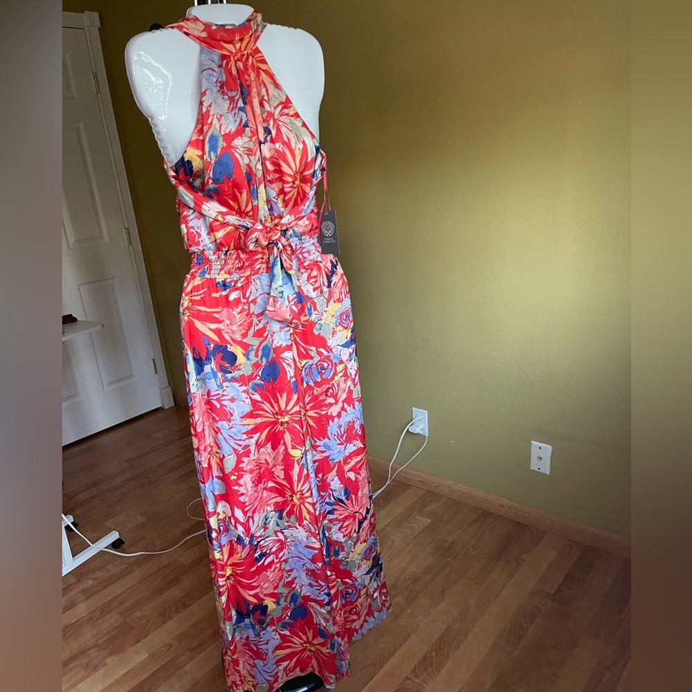 Vince Camuto Red Floral Halter Jumpsuit with Blue and Yellow Accents